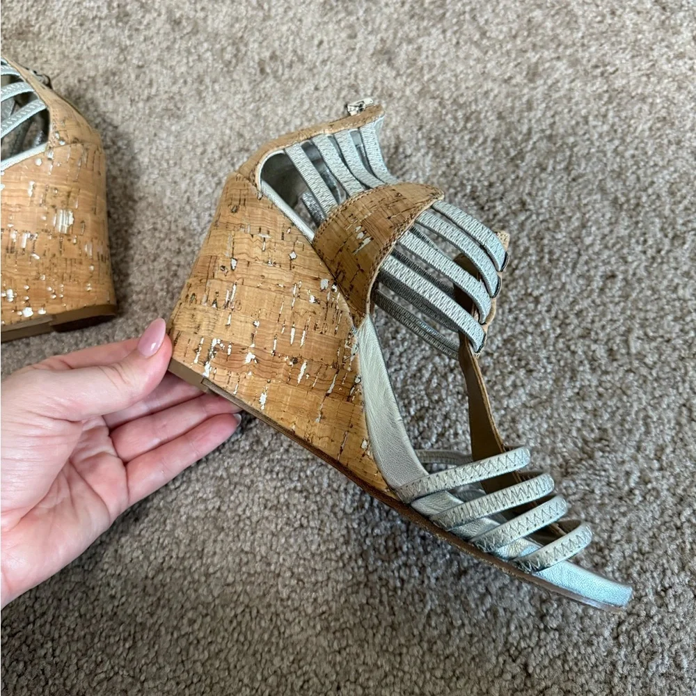 Donald J Pliner Silver Strappy Cork Wedge Sandals 8.5M